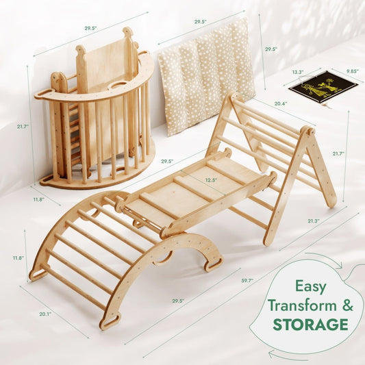 The 4in1 Montessori Climbing Set (Triangle Ladder, Arch, Slide Board & Cushion) folds for storage or unfolds as a climbing arch. Shown with measurements, polka-dot cushion, and book—Easy Transform & STORAGE for your Montessori toddler play set!.