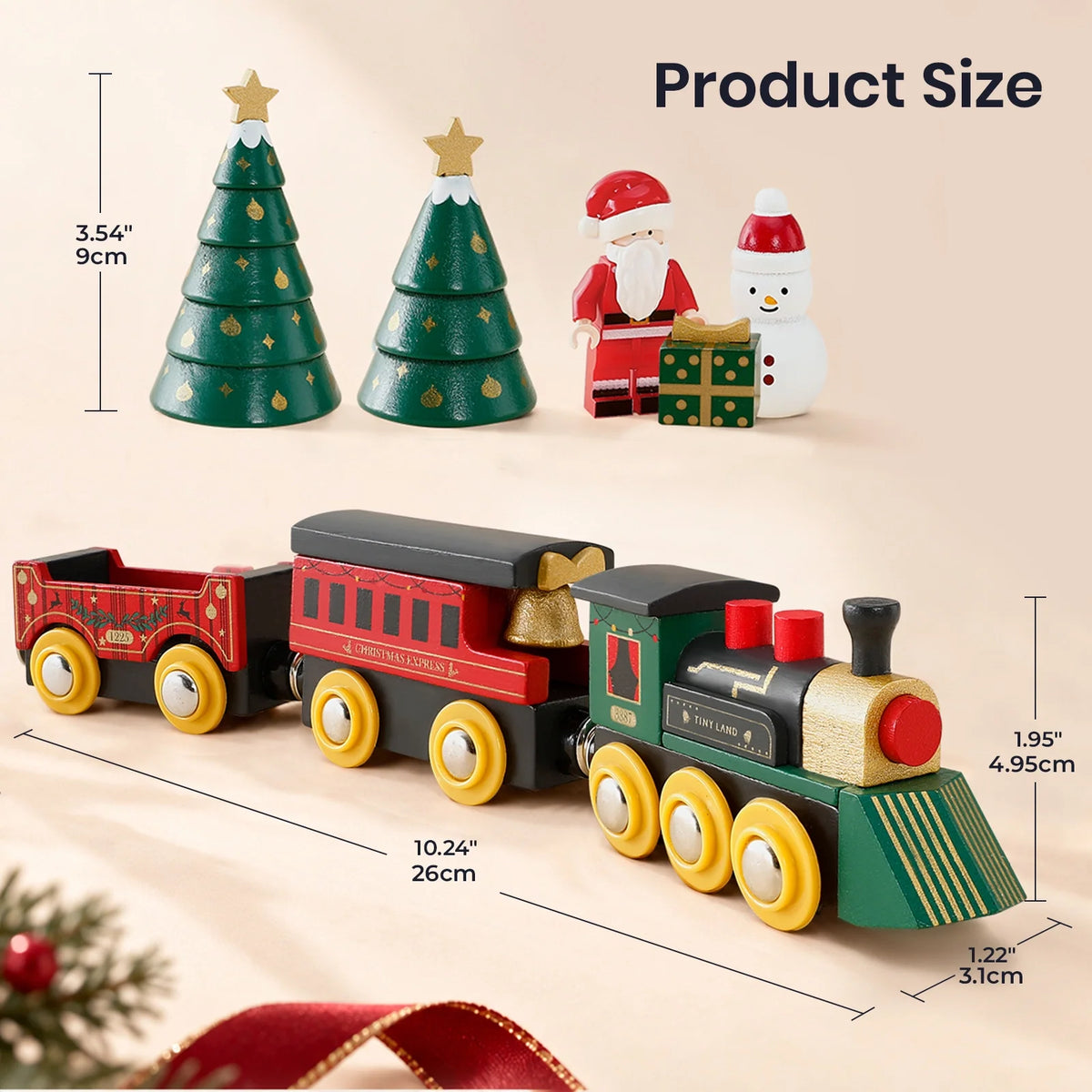 Christmas Express Wooden Train Set featuring a locomotive, passenger car, freight car, two trees, Santa, a snowman, and a gift box, with dimensions labeled in inches and centimeters.