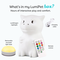 A Dragon Silicone Night Light glows on its base, accompanied by a remote control and a charging cable, serving as a soothing bedtime toy.
