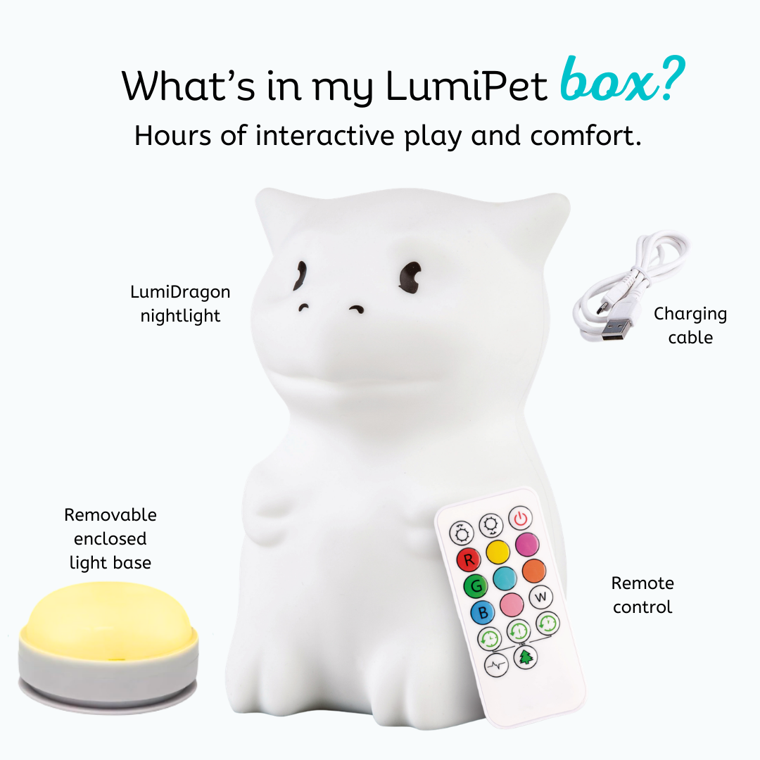 A Dragon Silicone Night Light glows on its base, accompanied by a remote control and a charging cable, serving as a soothing bedtime toy.