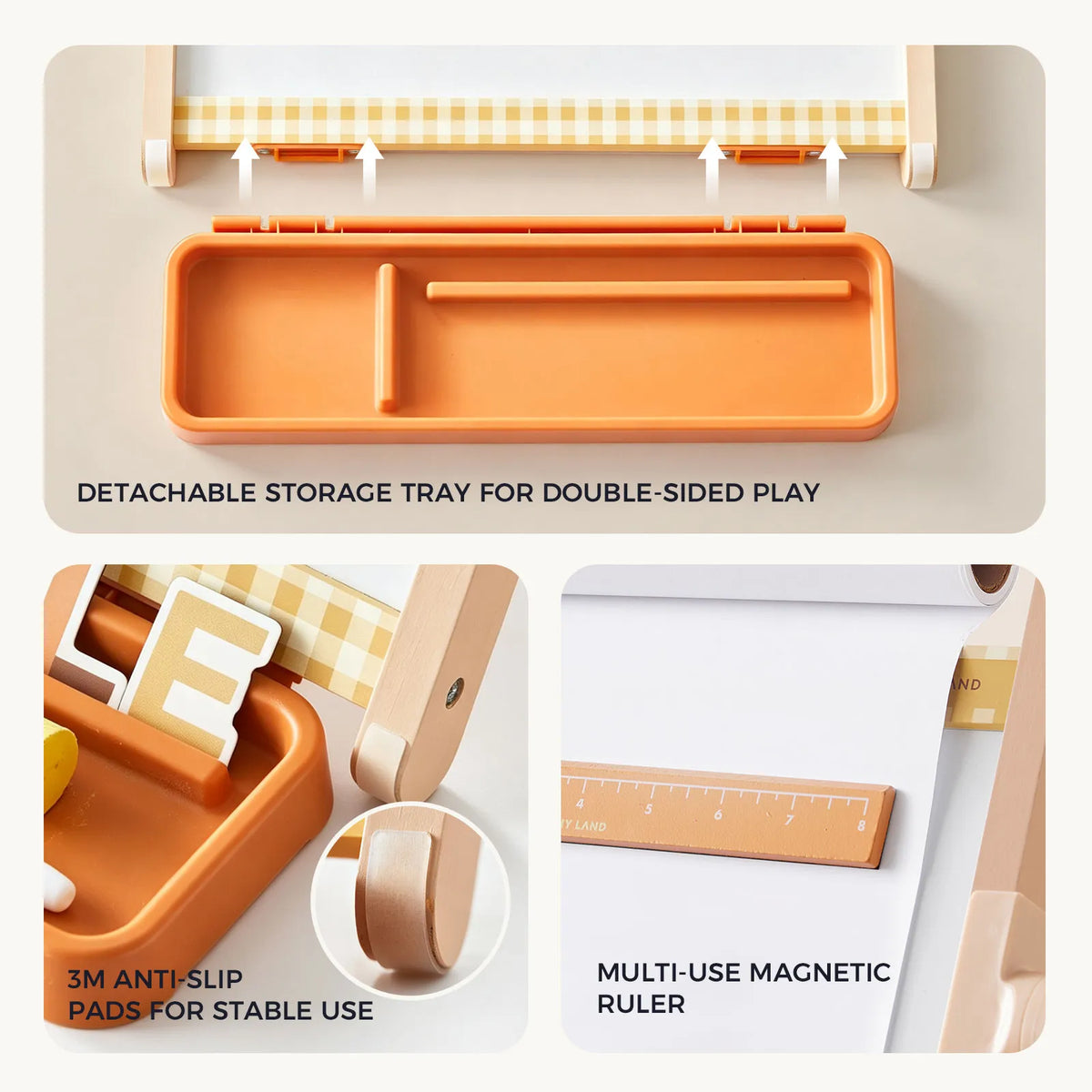 Three views of the 3-in-1 Adjustable Tabletop Art Easel showing a detachable orange storage tray, anti-slip pads on the base, and a magnetic ruler positioned over paper.