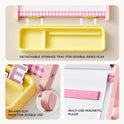 Three views of a 3-in-1 Adjustable Tabletop Art Easel: a detachable yellow storage tray, a close-up of anti-slip base pads, and a magnetic ruler placed on a paper roll.