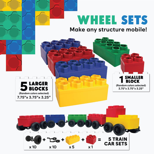 Jumbo Building Blocks - 5 Car Kits - Conductor Train Set features giant red, green, blue, and yellow blocks plus black wheels. Each set includes 5 large blocks, 1 small block, and wheels to build 5 train cars—perfect for creative STEM play.