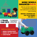Kids ages 3+ can play indoors or outdoors with the Jumbo Building Blocks - 5 Car Kits - Conductor Train Set, a colorful STEM toy for building towers, animals, cars, and more. Includes five train car sets for creative construction fun.