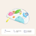 The Tiny Land® Montessori Toys for Newborns (0–3 Months) is a vibrant fabric sensory mat with textured shapes, a mirror, and wooden teether—ideal for tummy time and early sensory play. Icons below highlight sensory, relationship, and literacy benefits.