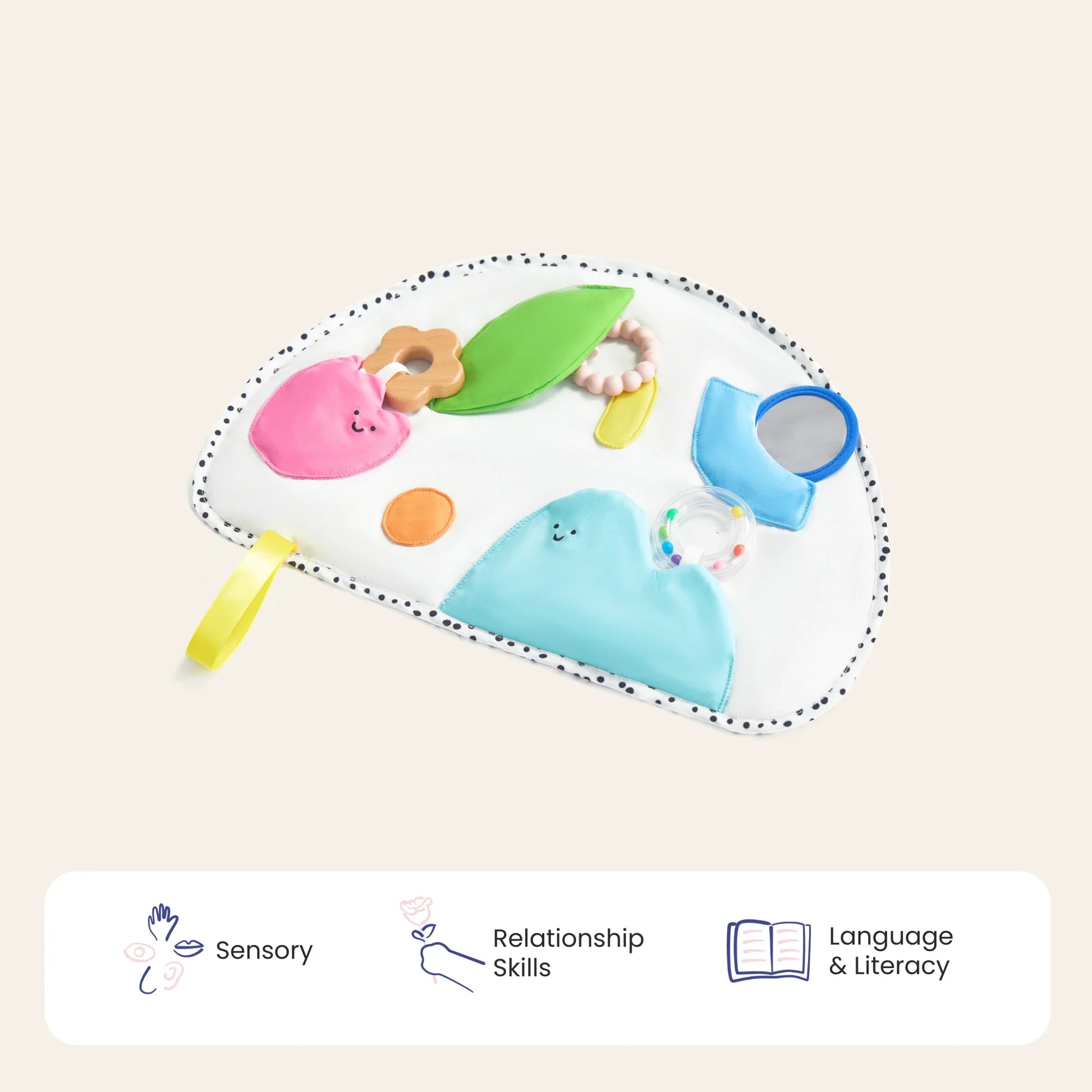 The Tiny Land® Montessori Toys for Newborns (0–3 Months) is a vibrant fabric sensory mat with textured shapes, a mirror, and wooden teether—ideal for tummy time and early sensory play. Icons below highlight sensory, relationship, and literacy benefits.