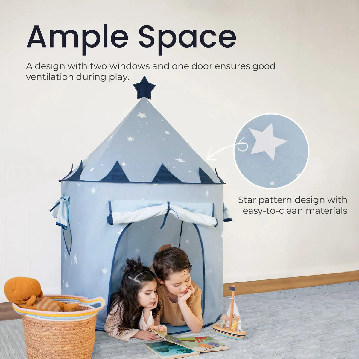 Two children lie inside a light blue, star-patterned Starry Indoor Play Tent for Toddlers reading a book, with a magnified inset showing the tent fabric and text describing the ventilation and design.