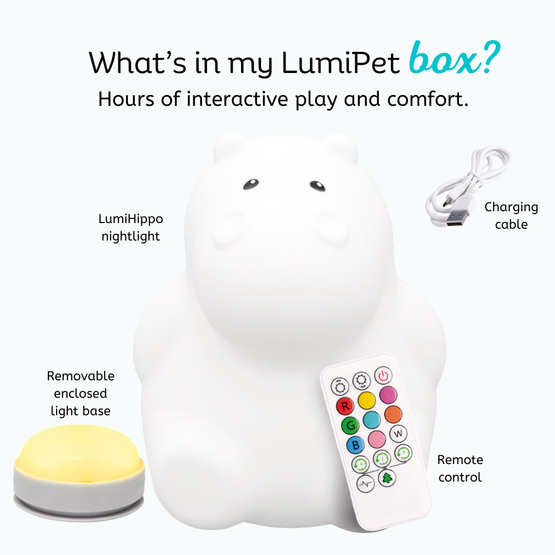 Honey the Hippo Silicone Night Light, a white hippo-shaped night light shown with its removable light base, USB charging cable, and multi-colored remote control for soothing illumination.