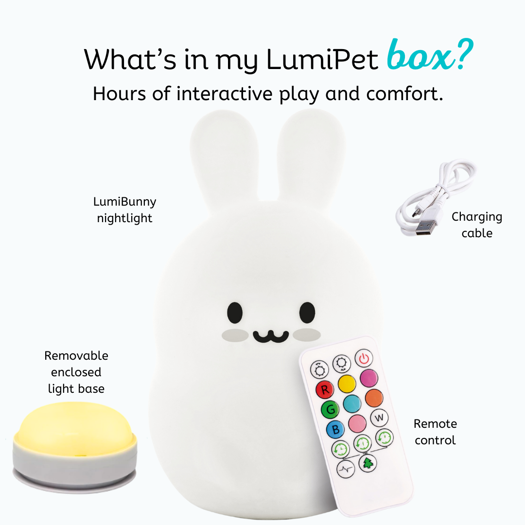 Baxter the Bunny silicone night light shown with its removable light base, a charging cable, and a remote control with colorful buttons.