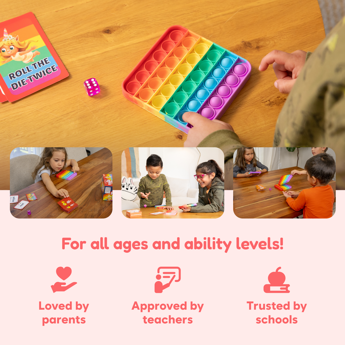 A child presses bubbles on a multicolored Sight Words Game + Extra Rainbow Mats next to a die and card, with photos of children playing and text reading For all ages and ability levels! above icons for parents, teachers, and schools.