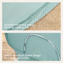 Two close-up images of a teal Kids Beach Tent & Sand Toy Set: the top panel shows durable hemming near the sand, and the bottom panel shows a back zipper with text reading Breathable Back Zipper Design for Enhanced Comfort.