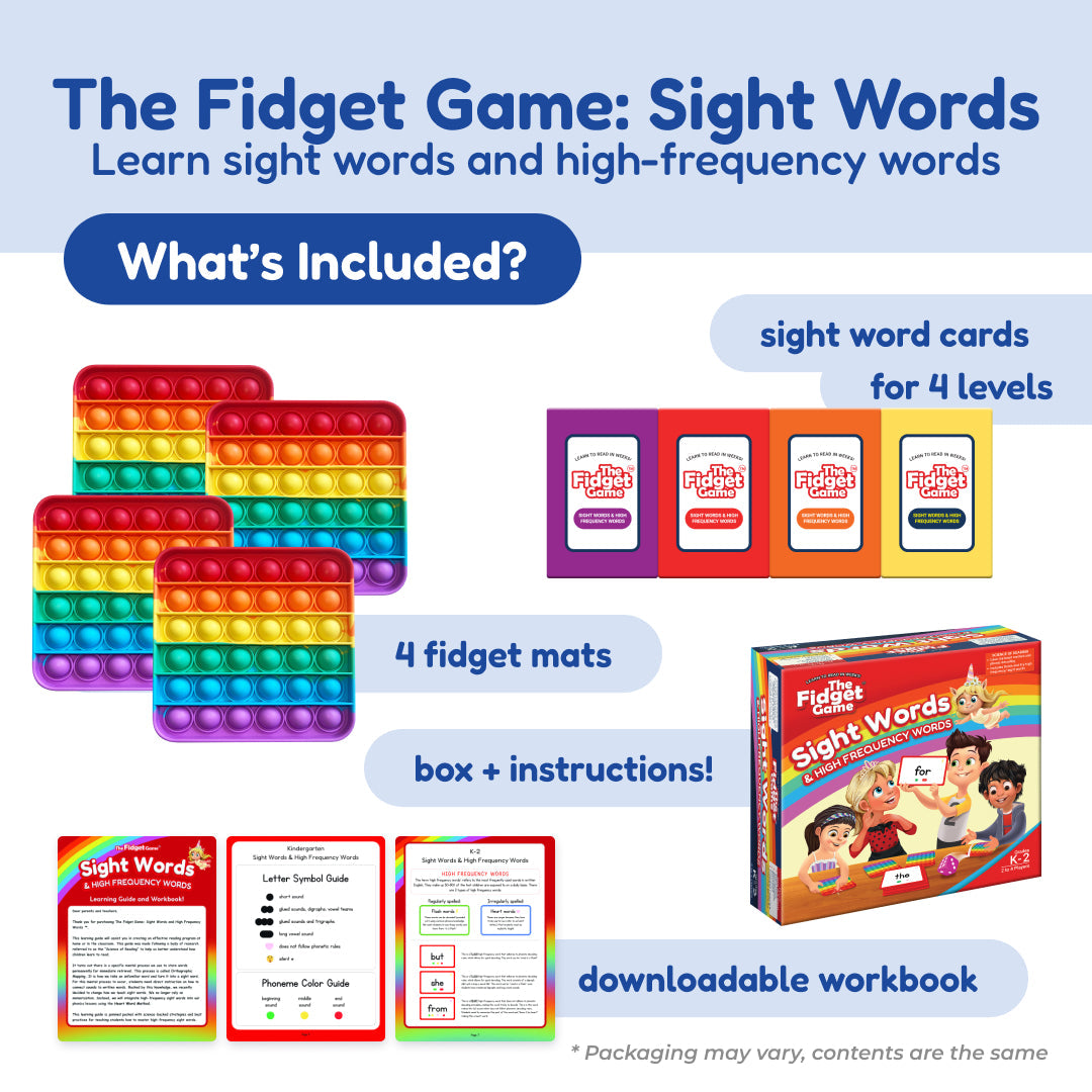 Grades 1–2 Readiness Backpack containing four colorful pop-it fidget mats, sight word cards, a game box, and an activity workbook to build reading and writing skills.