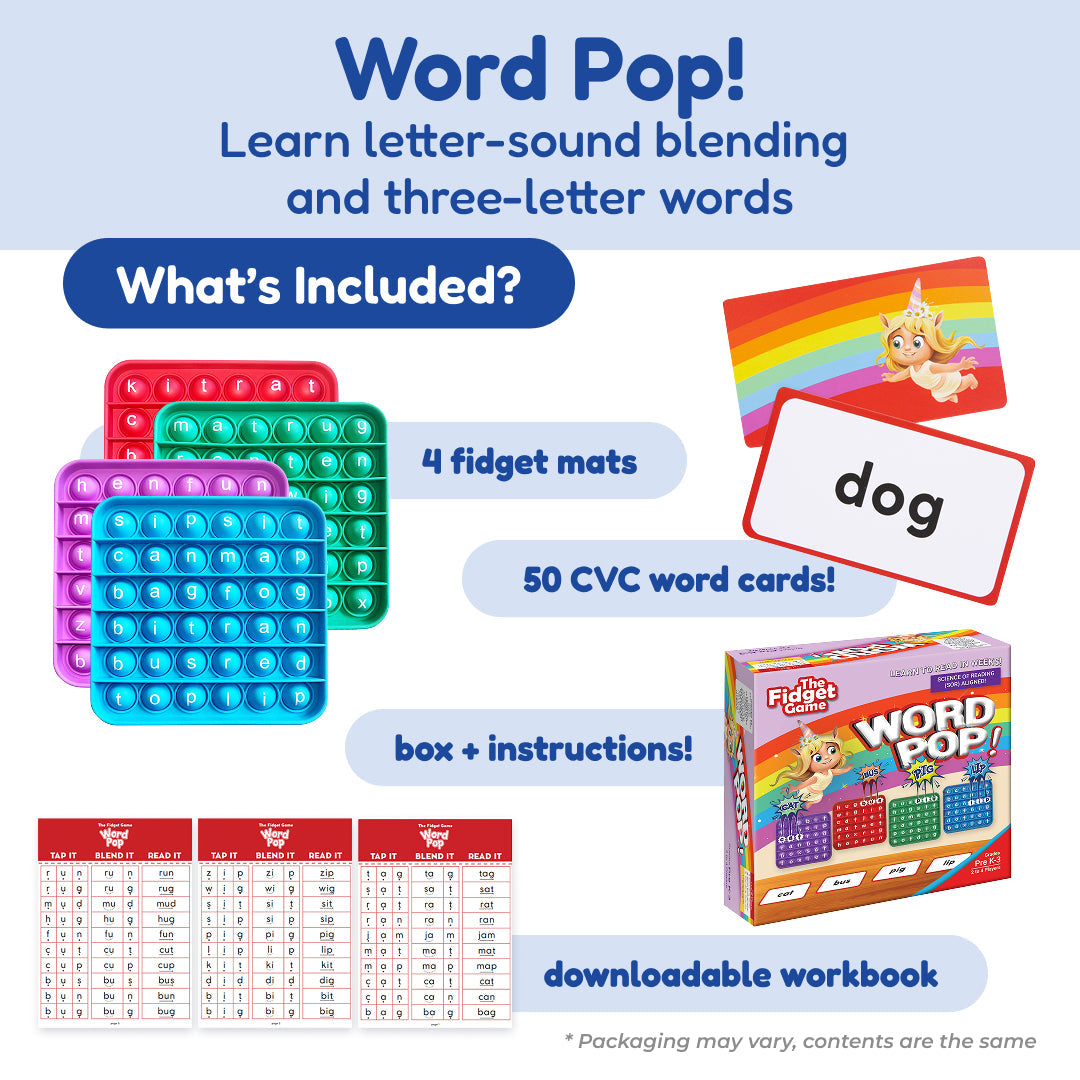 Kindergarten Readiness Backpack featuring four colorful letter-based fidget mats, fifty CVC word cards, a game box, and a downloadable workbook for early phonics learning.