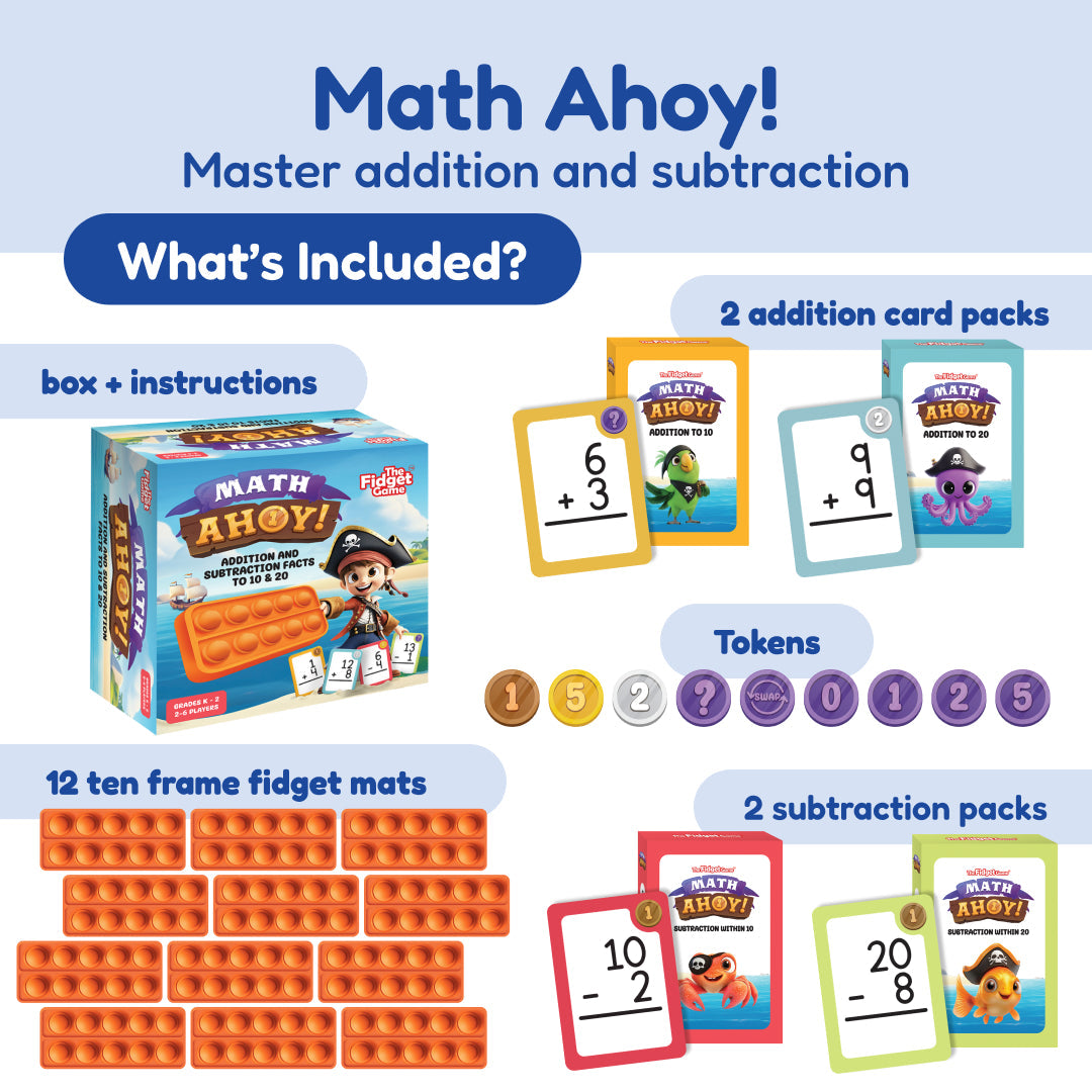Pre-K Readiness Backpack featuring a storage box, manual, addition and subtraction card packs, twelve orange ten-frame fidget mats for early math, and various numbered plastic tokens.