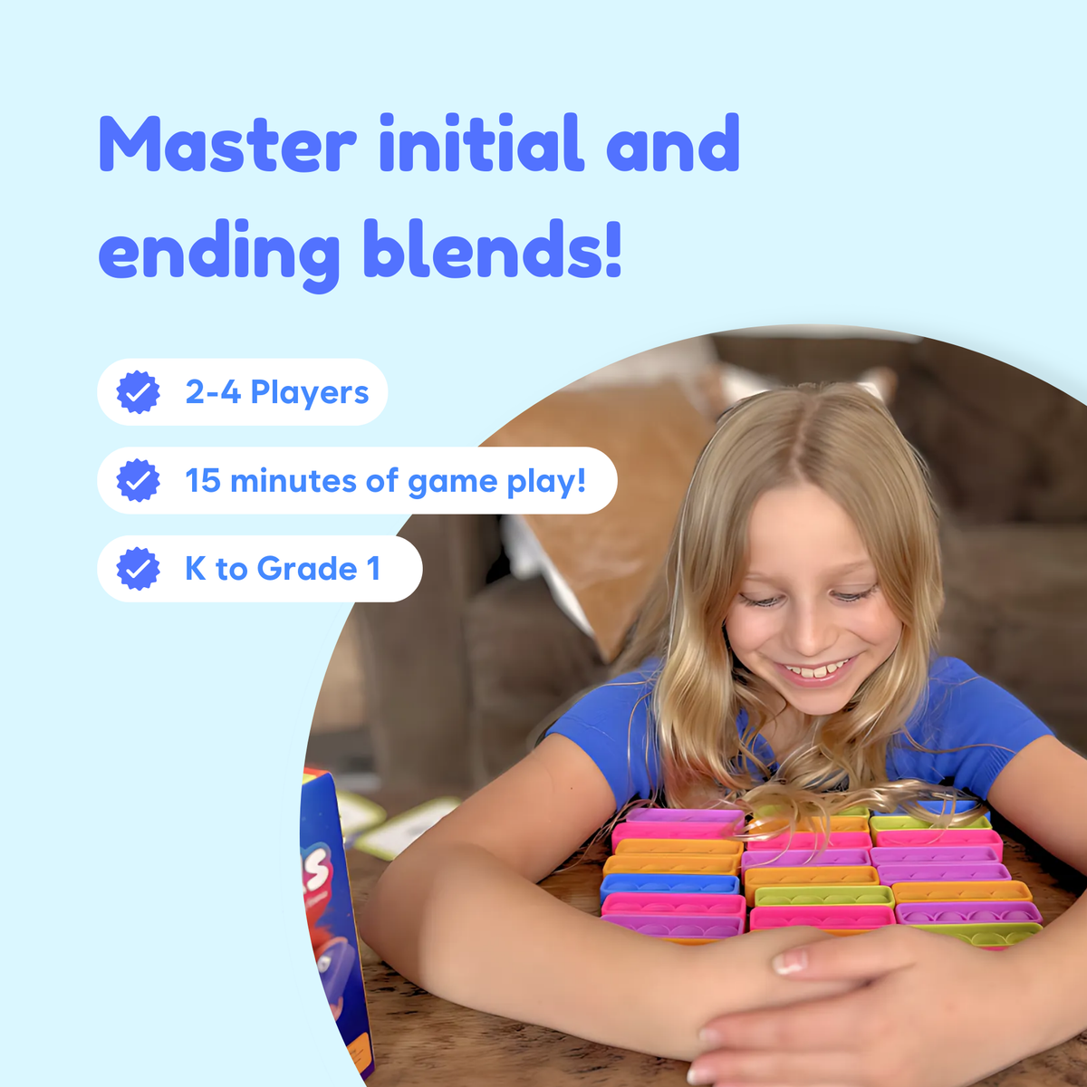 A young girl smiles while using a colorful, grid-style sensory toy to practice CVCC words in the Tricky Trolls Blends Reading Game, featuring overlaid text on reading skills, player count, playtime, and grade level.