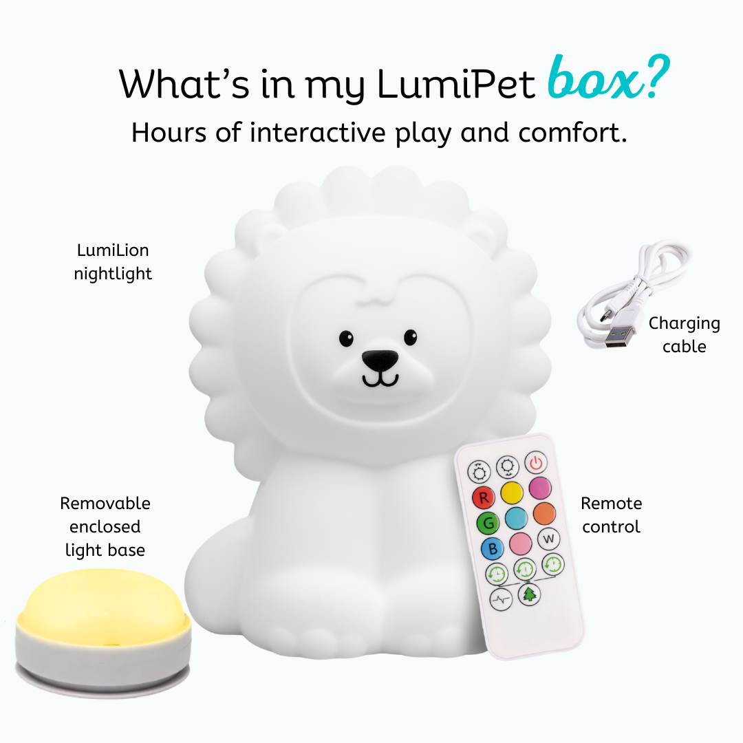 A Luther the Lion Silicone Night Light surrounded by its components: a removable light base, a remote control, and a rechargeable cable.