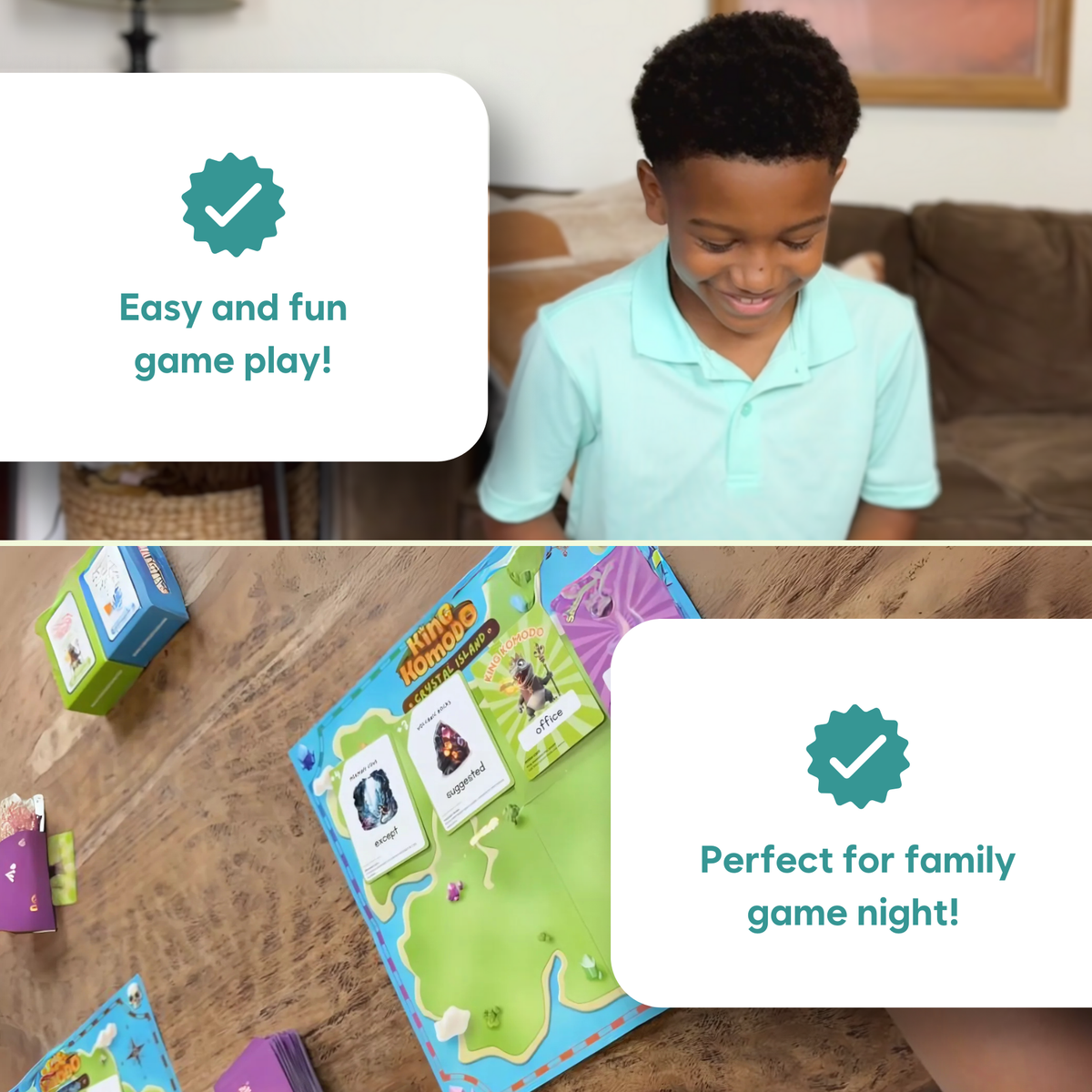 A boy smiles while playing the King Komodo Sight Words Game (Grades 3–5) on a wooden table, with text overlays reading Easy and fun game play! and Perfect for family game night!.