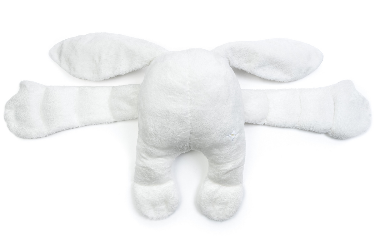 Back view of Snowball the Moon Pal – 5 lb Weighted Plush, a white, weighted plush snuggle buddy with long ears and long arms spread outward.