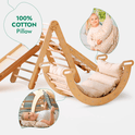 5in1 Montessori Climbing Set featuring a Triangle Ladder, Arch/Rocker, Slide Board/Ramp, Netting Rope, and Cushion. Comes with a beige 100% cotton pillow set. Two inset images show a child hugging the pillow and another child reading while lying on it.