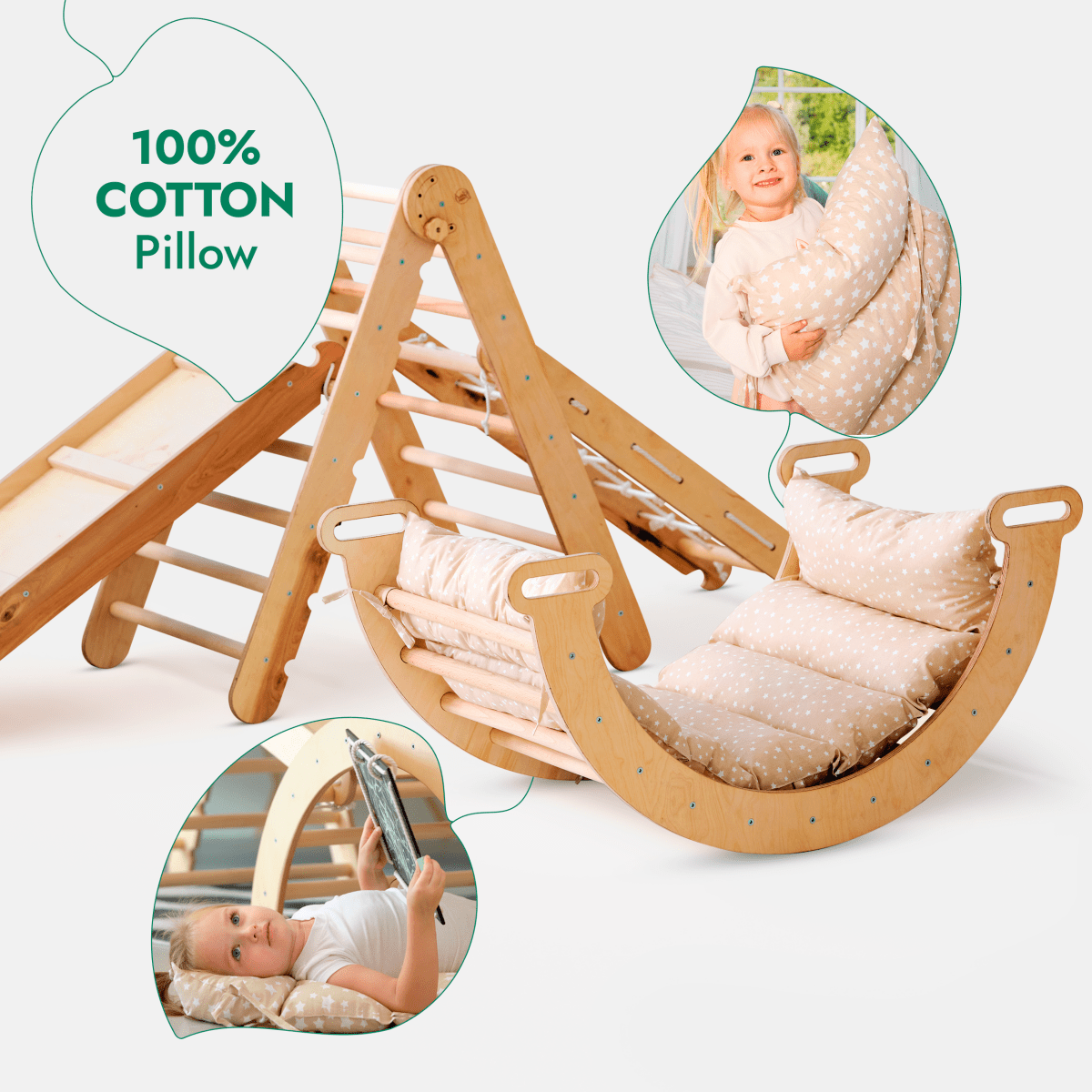 5in1 Montessori Climbing Set featuring a Triangle Ladder, Arch/Rocker, Slide Board/Ramp, Netting Rope, and Cushion. Comes with a beige 100% cotton pillow set. Two inset images show a child hugging the pillow and another child reading while lying on it.