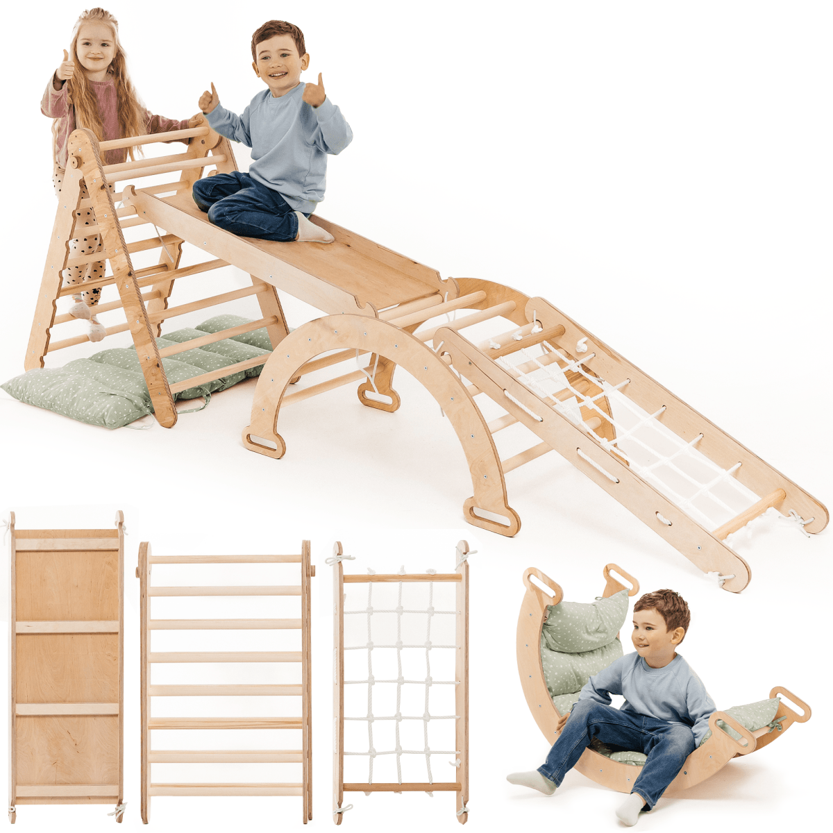 Two young children play on the 5in1 Montessori Climbing Set in Beige, which includes a triangle ladder, arch/rocker, slide board/ramp, netting rope, and cushion. Additional images below display the set’s versatile configurations, as well as a boy sitting comfortably with cushions in the rocking arch.