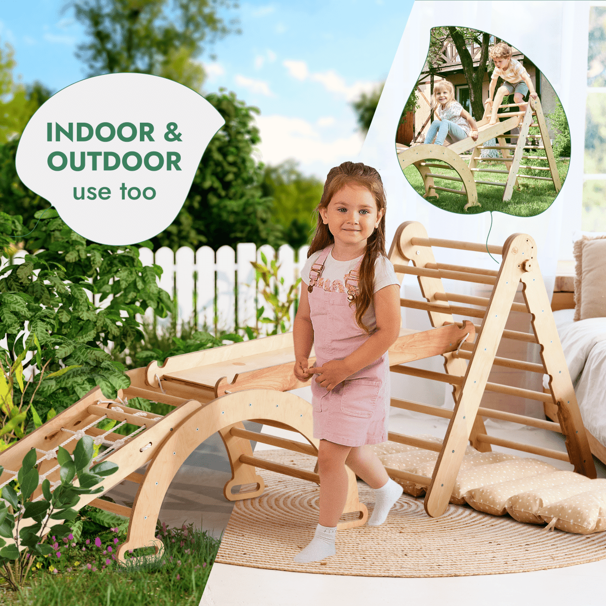 A young girl plays indoors on the 5in1 Montessori Climbing Set, featuring the Triangle Ladder. A round inset shows two children enjoying the same structure outdoors. Text reads INDOOR & OUTDOOR use too. Bright, cozy, and playful environment.