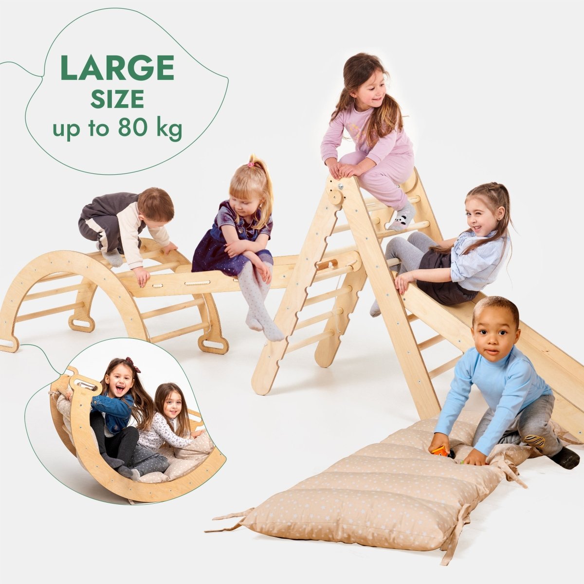 Five children play on the 5in1 Montessori Climbing Set, which features a triangle ladder, climbing arch/rocker, slide board/ramp, netting rope, and cushion—all in light wood—resting atop a cushioned mat. Text reads LARGE SIZE up to 80 kg. The background is white.