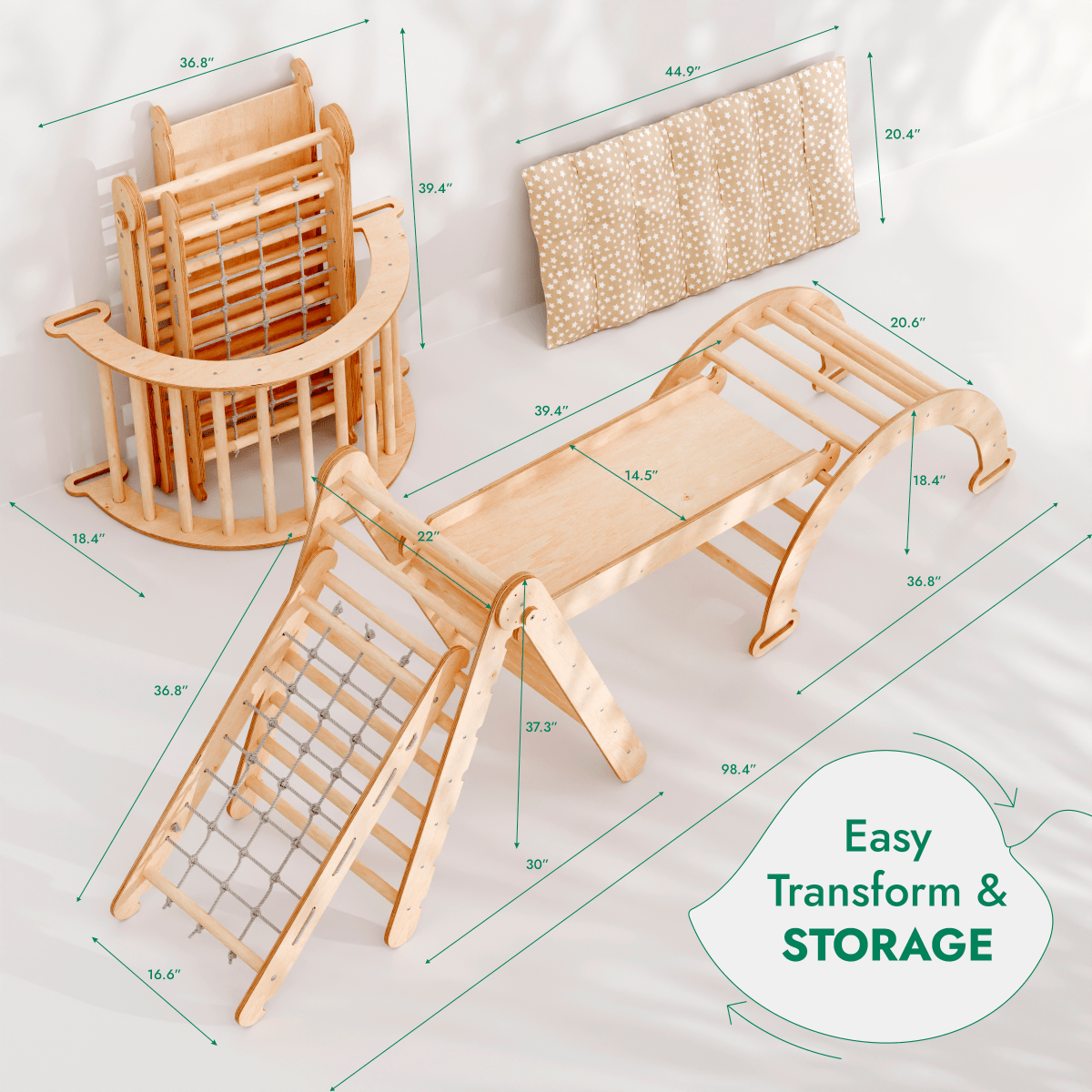 5in1 Montessori Climbing Set for kids, including a Triangle Ladder, Arch/Rocker, Slide Board/Ramp, Netting Rope, and Cushion—each clearly labeled with dimensions. The text reads: Easy Transform & STORAGE. The set is displayed in a light-filled room with a white floor.