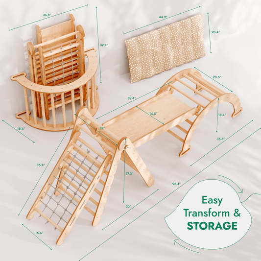 5in1 Montessori Climbing Set for kids, including a Triangle Ladder, Arch/Rocker, Slide Board/Ramp, Netting Rope, and Cushion—each clearly labeled with dimensions. The text reads: Easy Transform & STORAGE. The set is displayed in a light-filled room with a white floor.