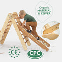 A young child climbs the 5in1 Montessori Climbing Set—which features a triangle ladder, arch/rocker, slide board/ramp, netting rope, and cushion—crafted from organic materials. The image highlights safety with CE and CPC certification logos.