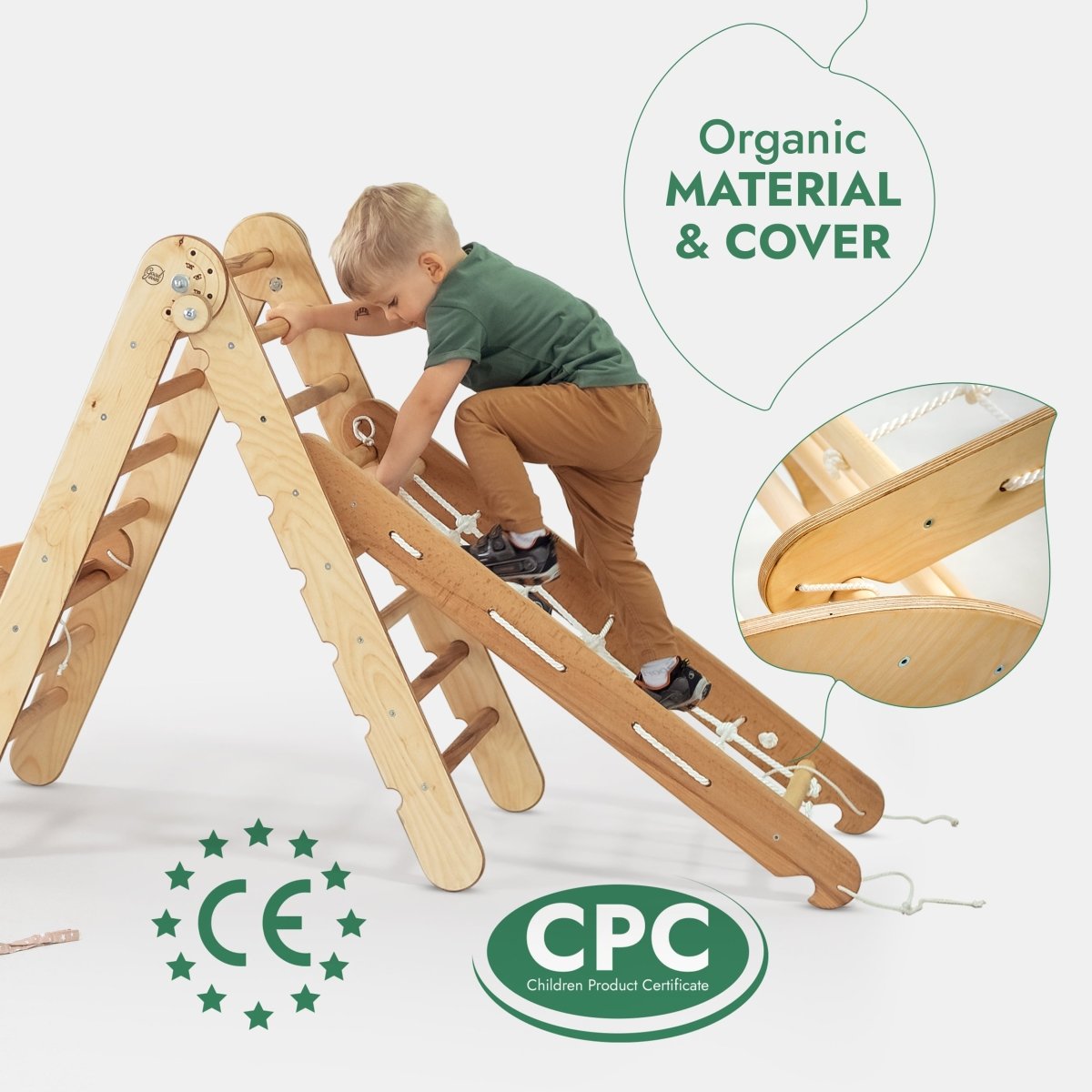 A young child climbs the 5in1 Montessori Climbing Set—which features a triangle ladder, arch/rocker, slide board/ramp, netting rope, and cushion—crafted from organic materials. The image highlights safety with CE and CPC certification logos.