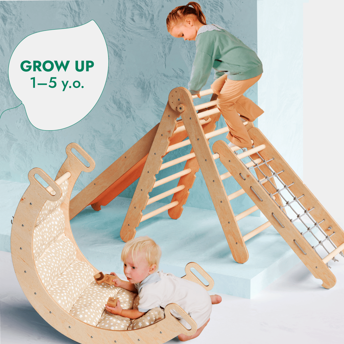 Two young children play on the 5in1 Montessori Climbing Set—one climbs the triangle ladder while another enjoys time inside the arch/rocker. A text bubble reads GROW UP 1–5 y.o. The background features light blue and white tones.