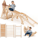 Two children play on the beige 5in1 Montessori Climbing Set, which includes a triangle ladder, an arch/rocker, a slide board/ramp, netting rope, and a cushion. Below, separate views display each component of the set. The boy sits on the ramp while the girl stands nearby; he also uses the arch as a rocker chair.