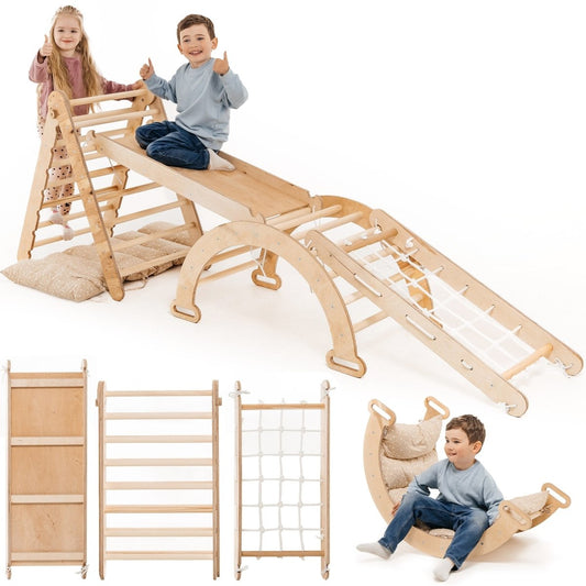 Two children play on the beige 5in1 Montessori Climbing Set, which includes a triangle ladder, an arch/rocker, a slide board/ramp, netting rope, and a cushion. Below, separate views display each component of the set. The boy sits on the ramp while the girl stands nearby; he also uses the arch as a rocker chair.