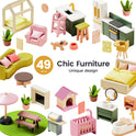 A Sweetwood Cottage Dollhouse (48-pc Furniture) collection featuring beds, kitchen units, seating, plants, a dog house, and a picnic set, arranged around central text that reads 49 PCS Chic Furniture Unique design.