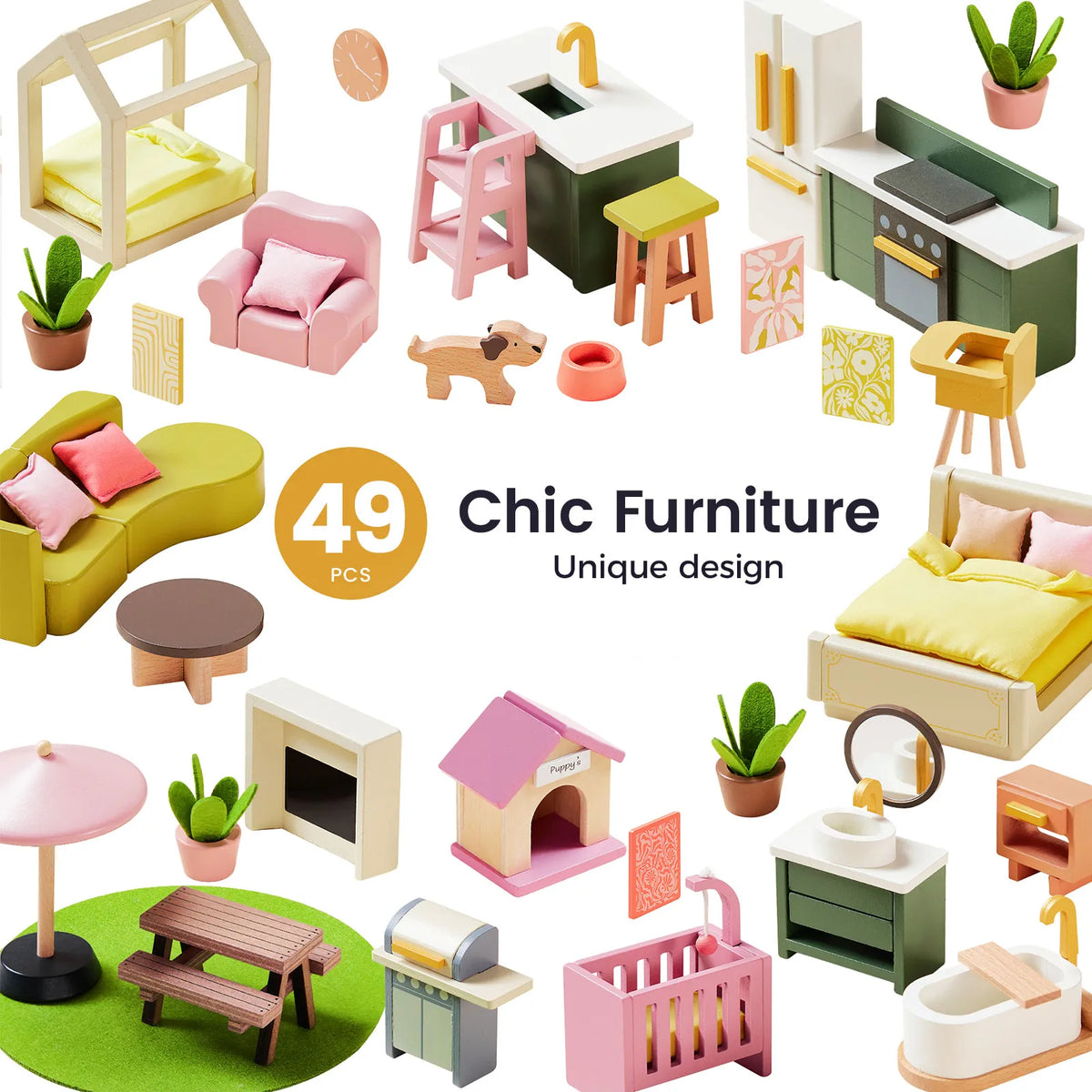 A Sweetwood Cottage Dollhouse (48-pc Furniture) collection featuring beds, kitchen units, seating, plants, a dog house, and a picnic set, arranged around central text that reads 49 PCS Chic Furniture Unique design.