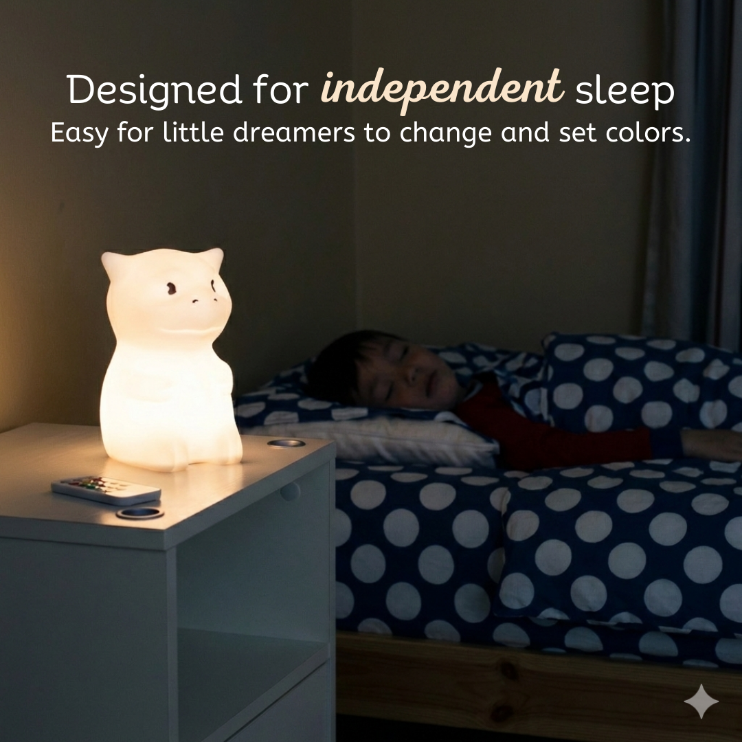 A glowing Dragon Silicone Night Light sits on a bedside table next to a child in a polka-dot bed, helping little dreamers set colors for independent sleep.