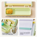 Three images of the 3-in-1 Adjustable Tabletop Art Easel: a detachable storage tray, a close-up of anti-slip base pads, and a magnetic ruler placed on a paper roll.