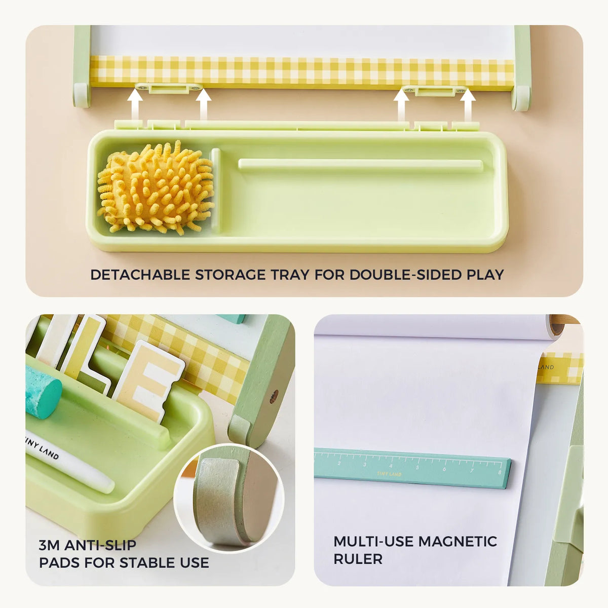 Three images of the 3-in-1 Adjustable Tabletop Art Easel: a detachable storage tray, a close-up of anti-slip base pads, and a magnetic ruler placed on a paper roll.