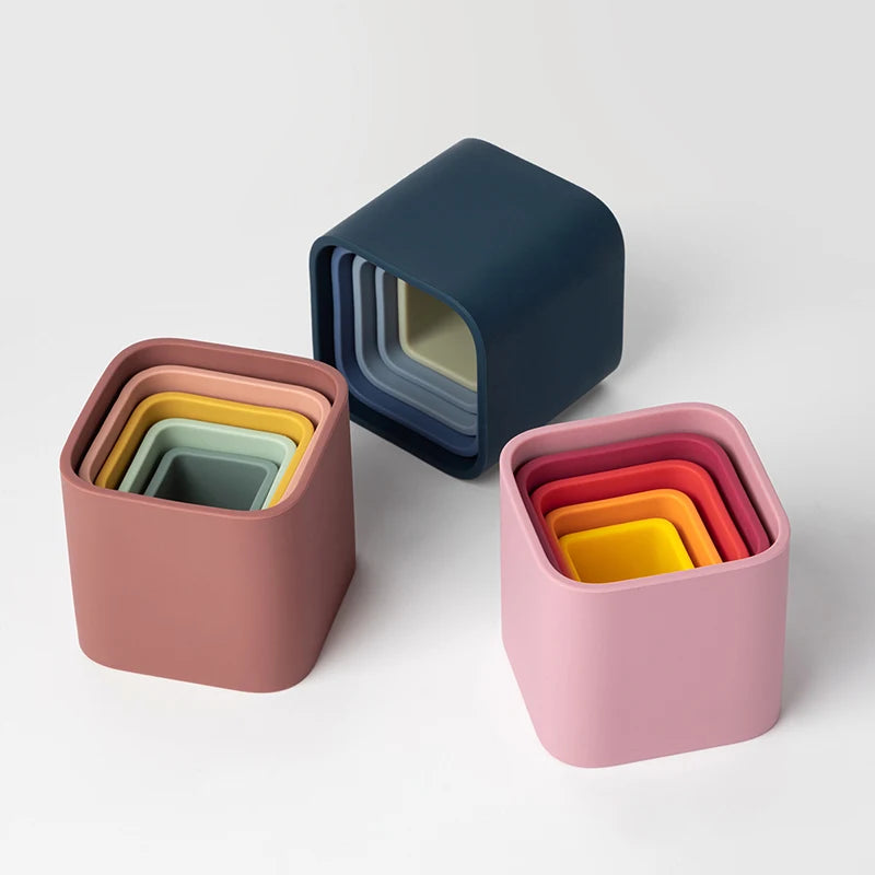 5Pcs/Set Baby Silicone Building Blocks Square Silicone Stacking Cups Bpa-Free Educational Montessori Toys Baby Bath Toys