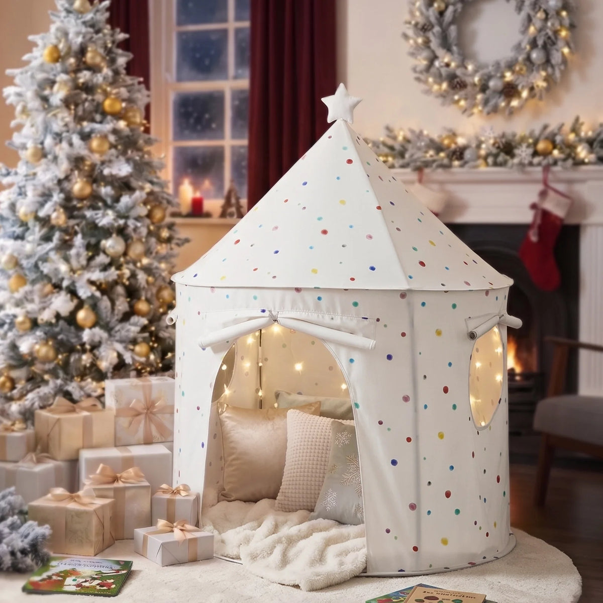 A white Starry Indoor Play Tent for Toddlers decorated with colorful dots and a star topper, containing string lights and pillows, positioned in a room with a decorated Christmas tree and gifts.