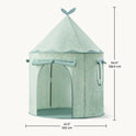 Starry Indoor Play Tent for Toddlers: a light green conical clubhouse with a floral pattern, roll-up front door, and circular side window, measuring 54.5 inches in height and 41.3 inches in width.