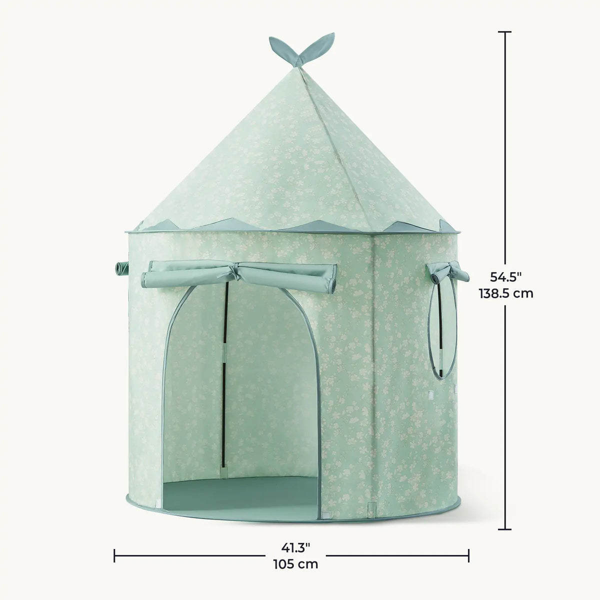 Starry Indoor Play Tent for Toddlers: a light green conical clubhouse with a floral pattern, roll-up front door, and circular side window, measuring 54.5 inches in height and 41.3 inches in width.