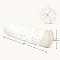 The 68″ Adventure Crawl Tunnel is a long, collapsible tunnel with a white, multicolored polka dot pattern, shown both extended and packed inside its round carrying case.