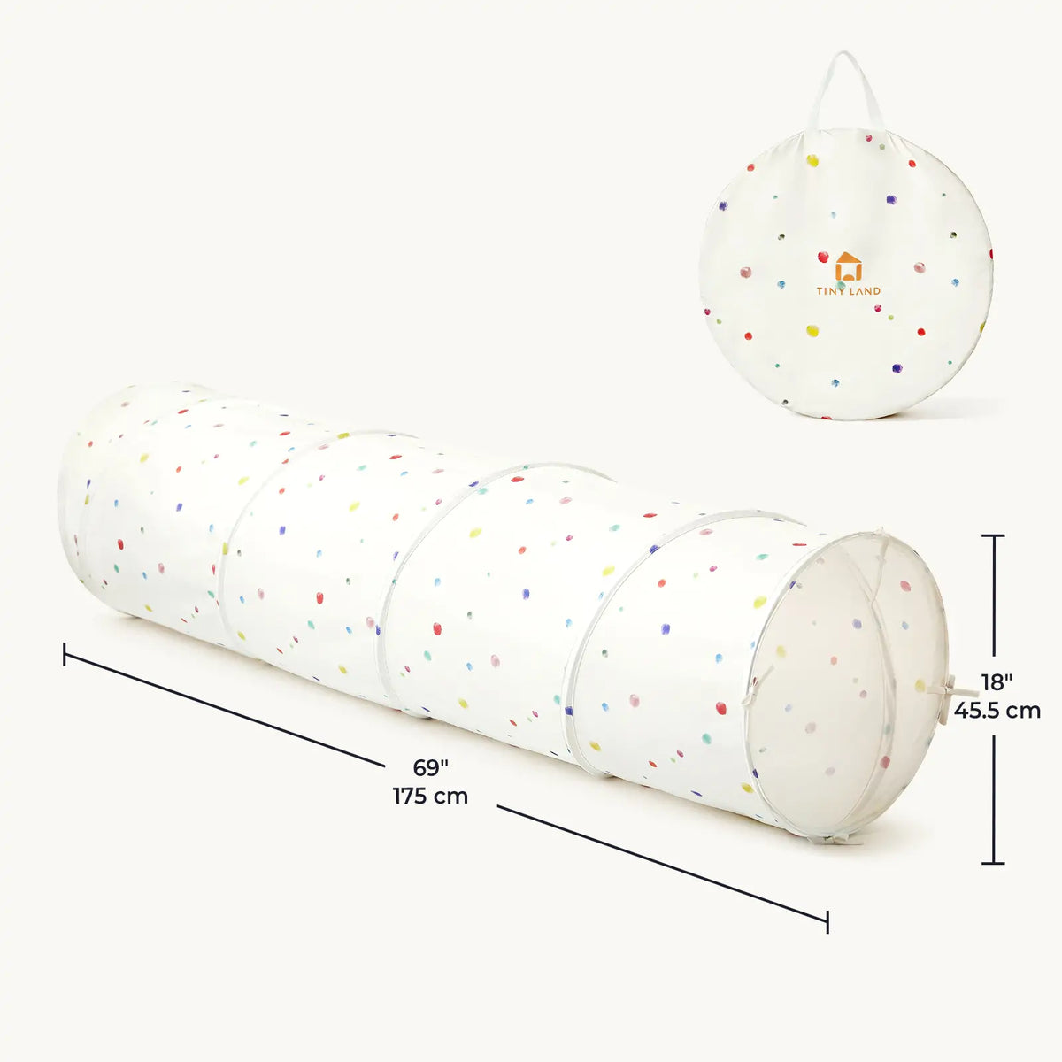 The 68″ Adventure Crawl Tunnel is a long, collapsible tunnel with a white, multicolored polka dot pattern, shown both extended and packed inside its round carrying case.