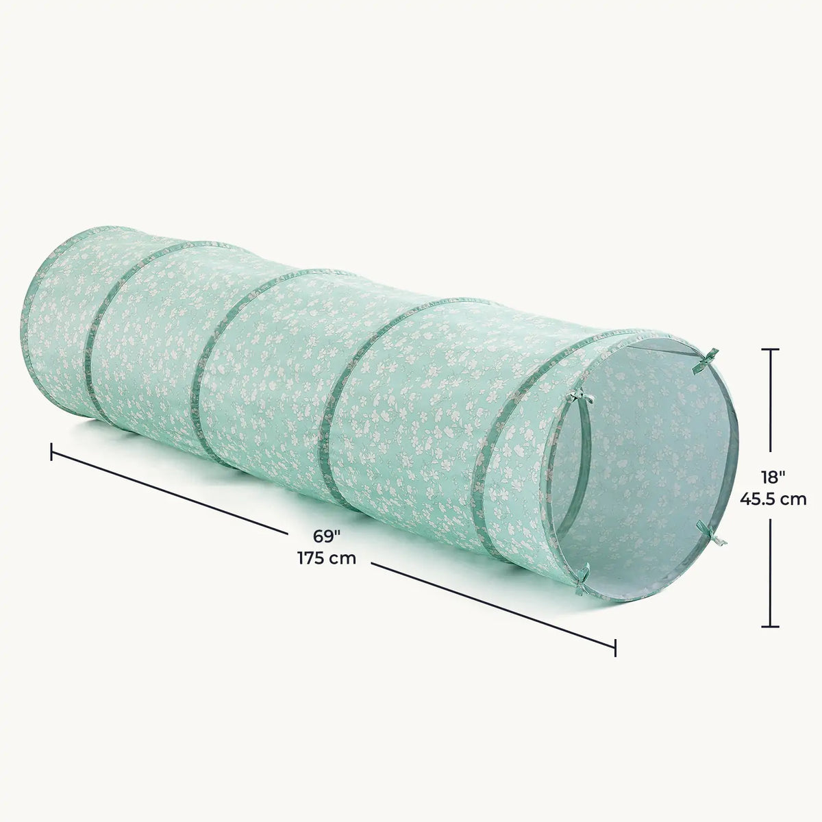 Light green floral print Adventure Crawl Tunnel (68″) measuring 69 inches in length and 18 inches in diameter.