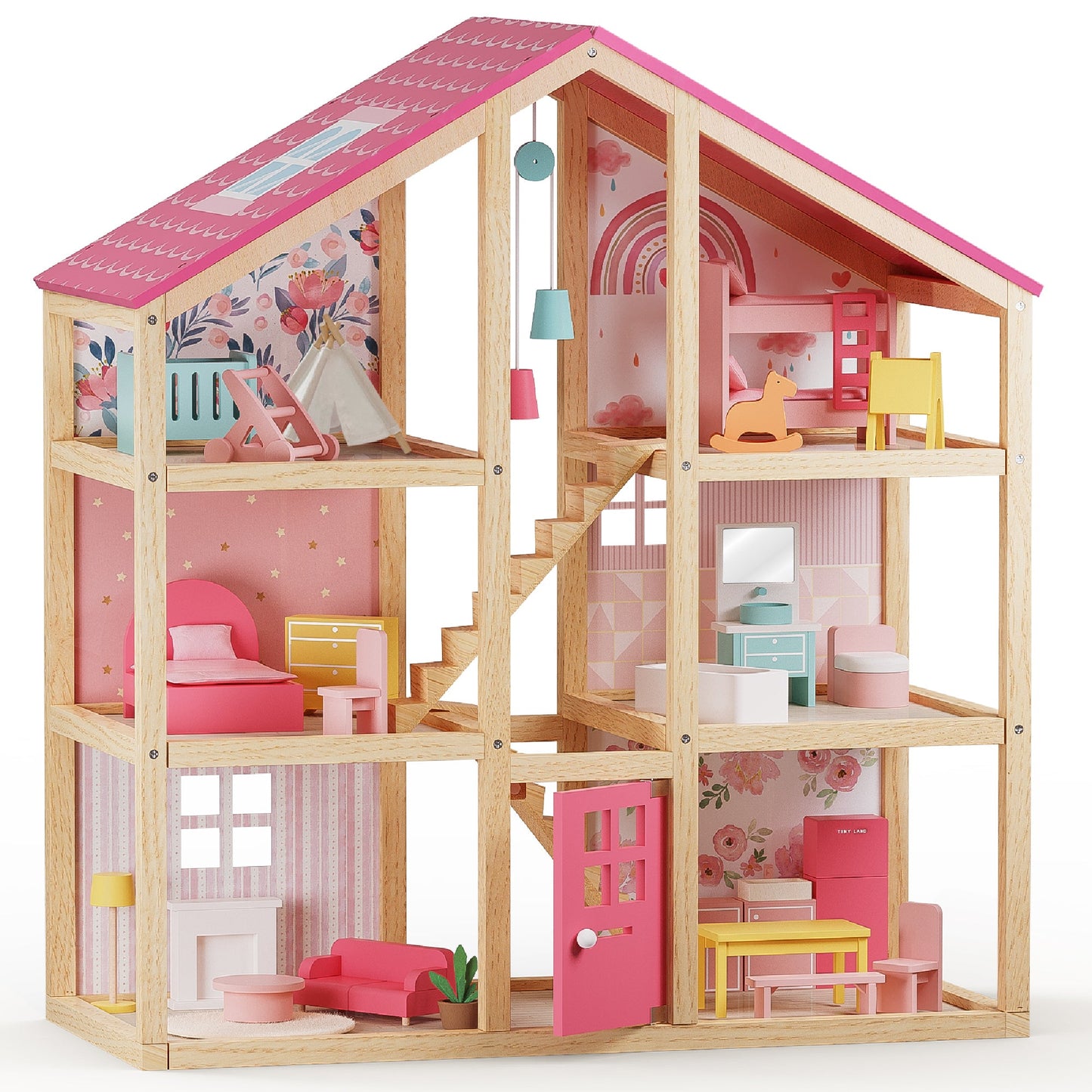The Tiny Land® Sweetwood Love Dollhouse without Dolls features four pastel rooms, miniature beds, chairs, a table, lamps, and wall décor like rainbows and florals—perfect for inspiring girls' imaginative play.