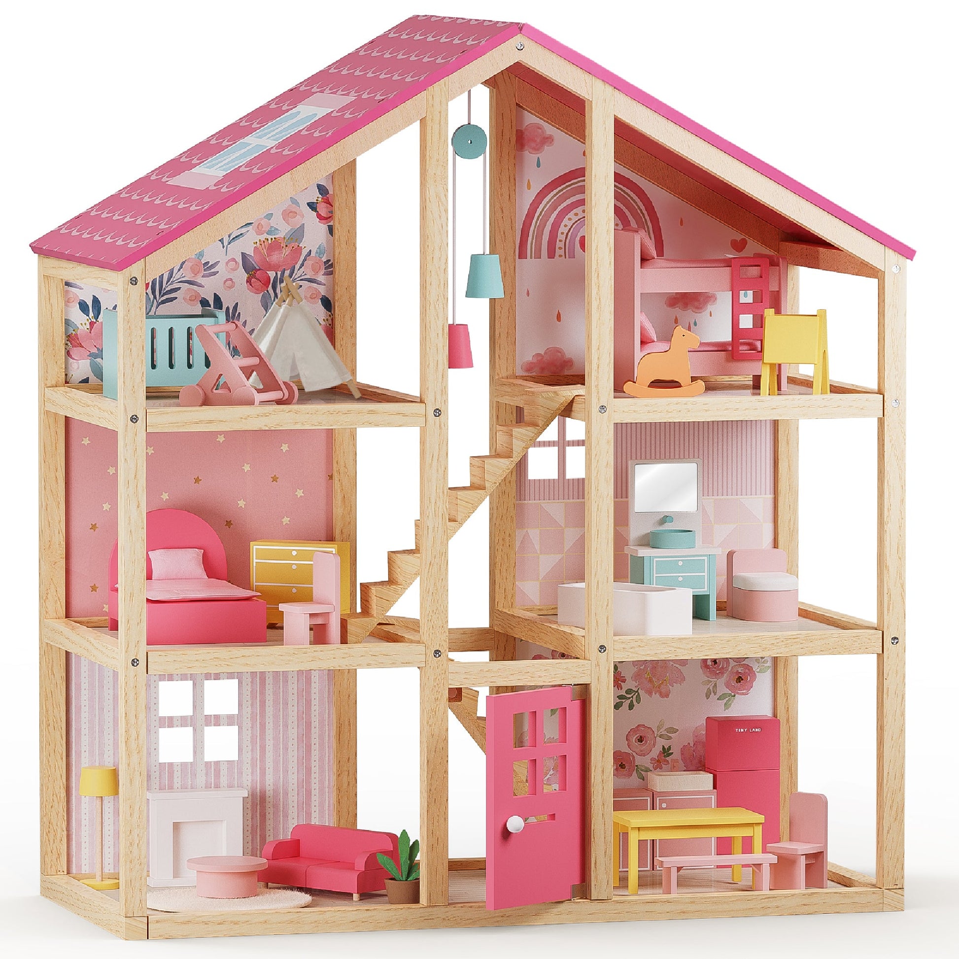 The Tiny Land® Sweetwood Love Dollhouse without Dolls features four pastel rooms, miniature beds, chairs, a table, lamps, and wall décor like rainbows and florals—perfect for inspiring girls' imaginative play.