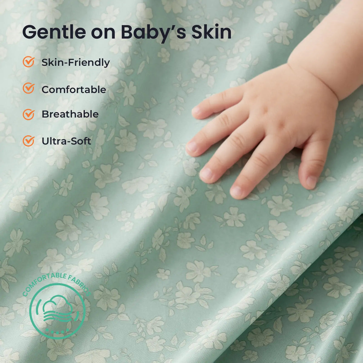 A baby’s hand rests on the gentle, skin-friendly, and ultra-soft floral fabric of the Starry Indoor Play Tent for Toddlers, designed to be comfortable and breathable for a kids clubhouse.