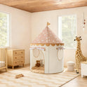 A Starry Indoor Play Tent for Toddlers, featuring a conical shape with a pink star-patterned roof, housing a teddy bear and a rabbit plush toy inside this cozy kids clubhouse.
